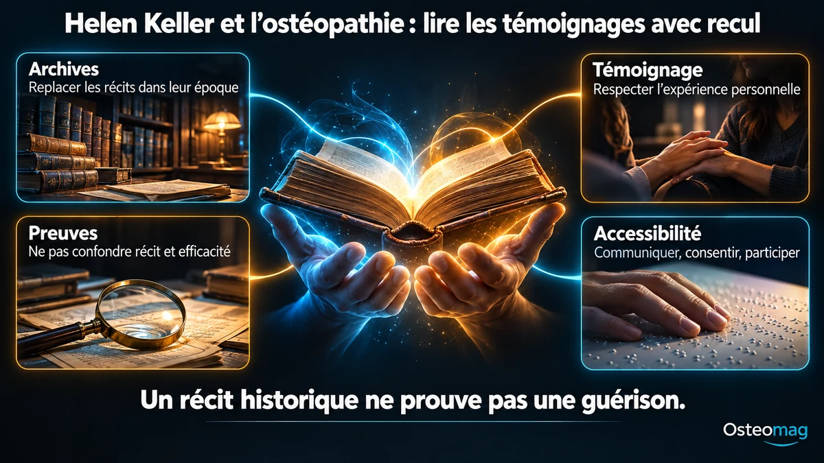 Infographie Osteomag en quatre panneaux : archives, témoignage, preuves et accessibilité, avec livre ancien et communication tactile.