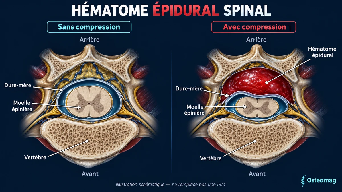 Schéma comparant un canal rachidien sans compression et un hématome épidural situé à l’extérieur de la dure-mère.