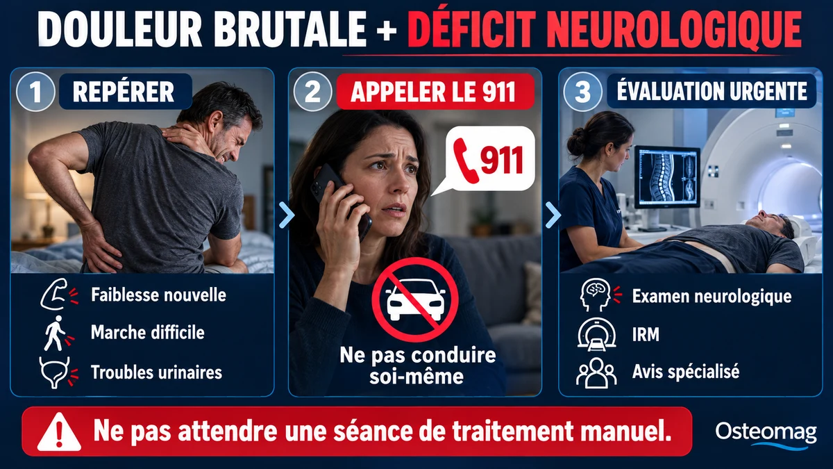 Signes neurologiques d’alerte après une douleur brutale : appeler le 911 et obtenir une évaluation urgente.