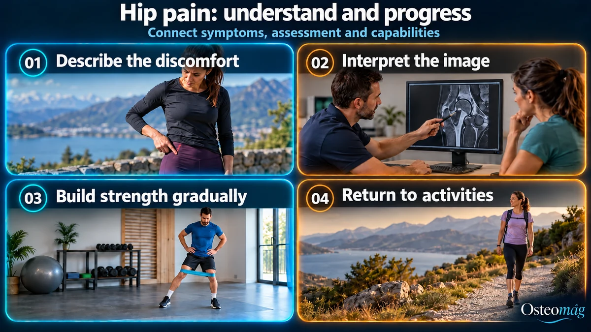 Osteomag infographic: describe hip discomfort, interpret imaging, build strength gradually and return to activities.