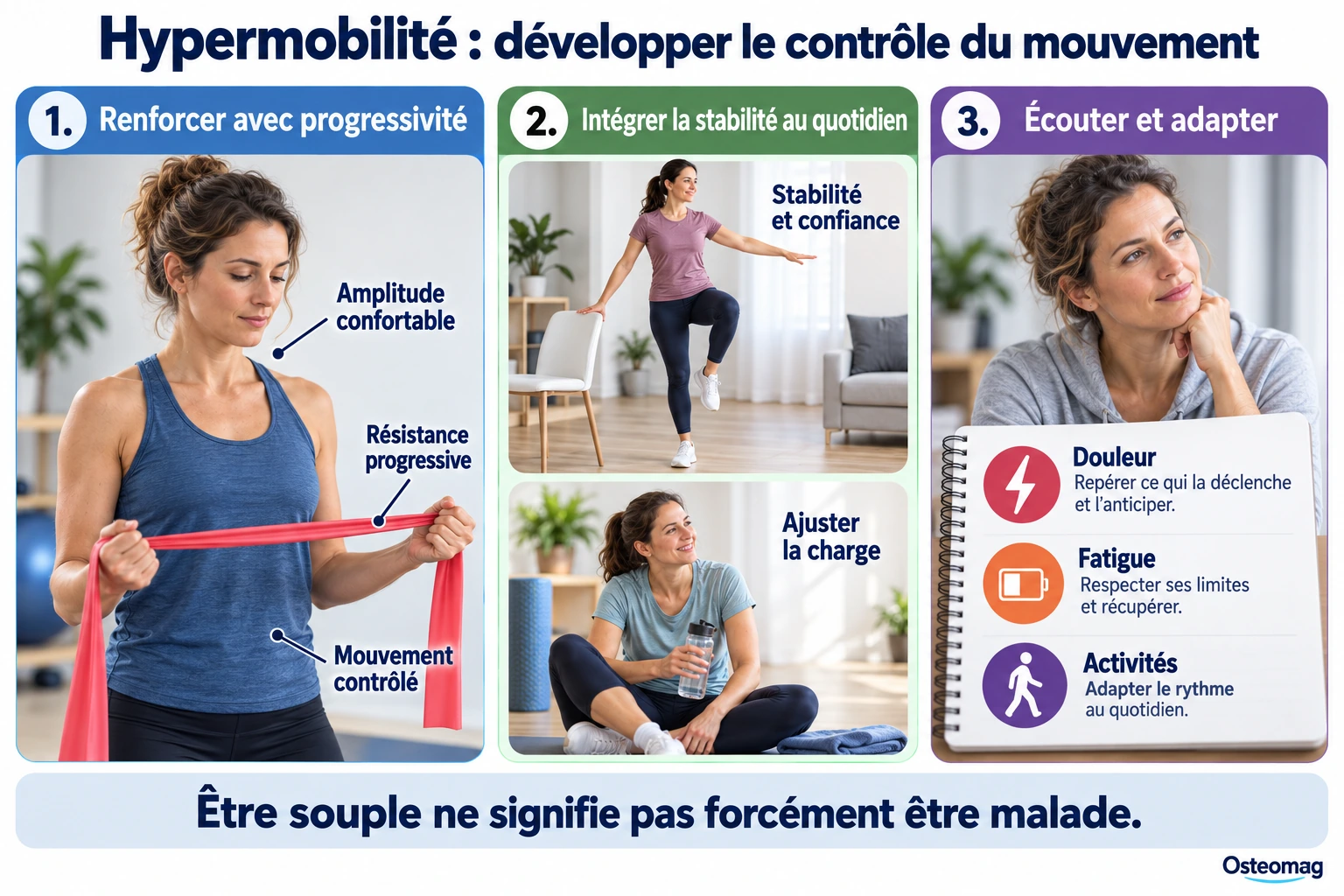 Infographie Osteomag montrant renforcement adapté, équilibre, pauses et suivi des symptômes dans l’hypermobilité.