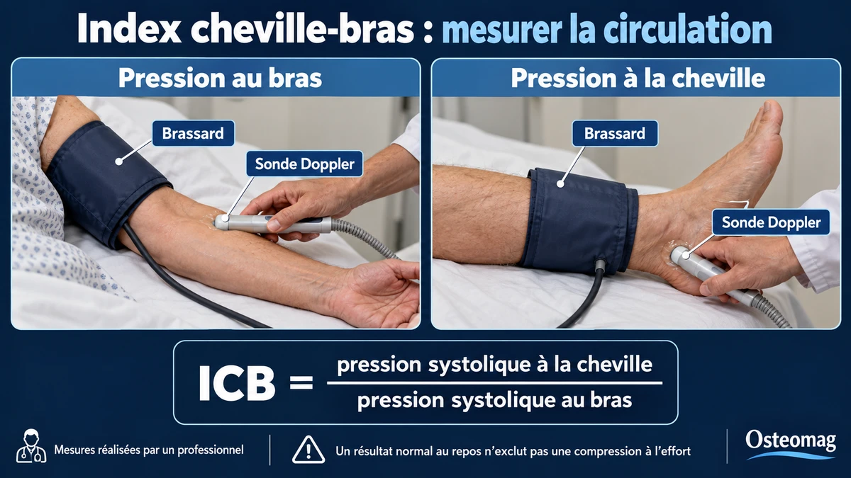 Mesure de la pression systolique au bras et à la cheville avec un brassard et une sonde Doppler pour calculer l’index cheville-bras.