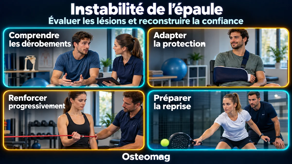 Quatre scènes : échange sur les dérobements de l’épaule, protection par écharpe, renforcement progressif et préparation au sport.