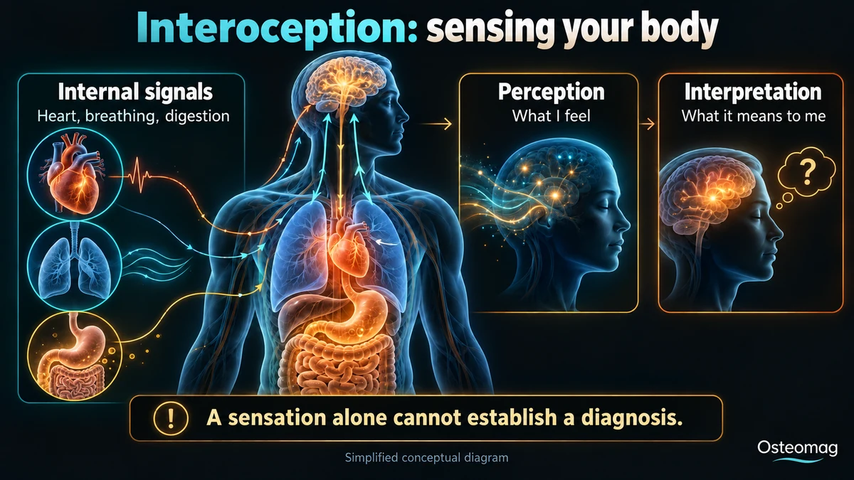 Infographic distinguishing internal signals from the heart, breathing and digestion, their perception and their interpretation.