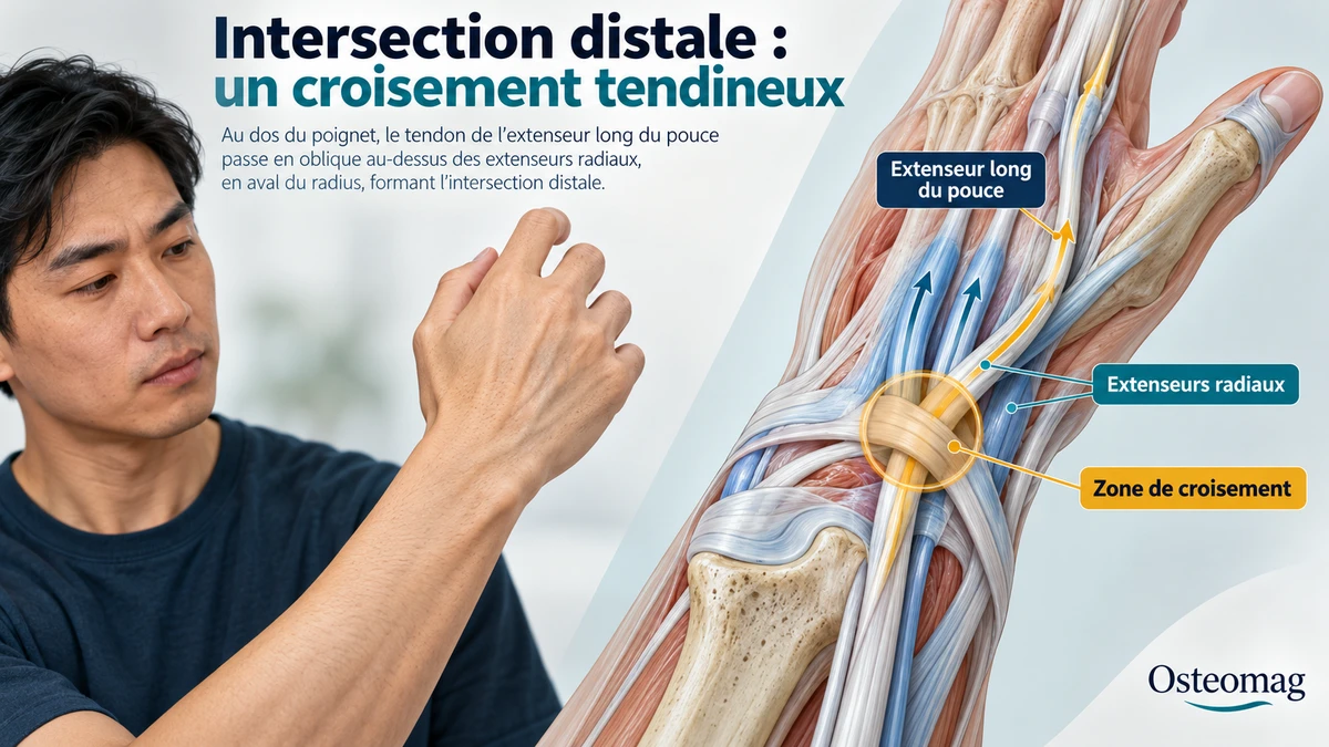 Illustration simplifiée du croisement du long extenseur du pouce avec les extenseurs radiaux du carpe sur le dos du poignet.