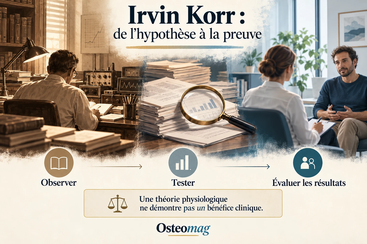 Irvin Korr : illustration conceptuelle du passage de l’observation historique aux recherches puis à l’évaluation clinique ; Osteomag.
