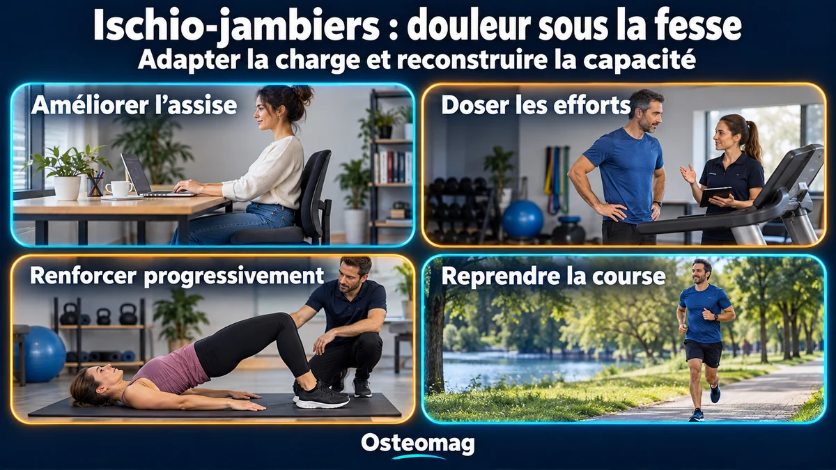 Quatre scènes : assise confortable, discussion de la charge, pont bilatéral supervisé et reprise de course facile sur terrain plat.