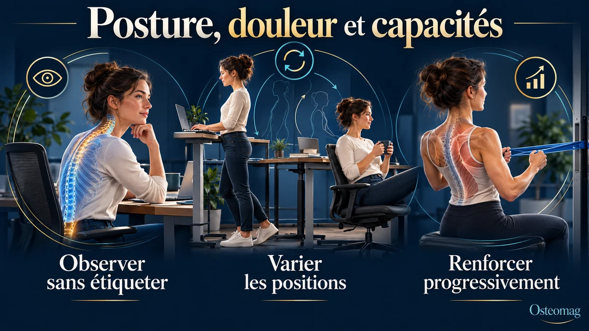 Illustration de trois priorités devant une posture du haut du corps : observer sans étiqueter, varier les positions et renforcer progressivement.
