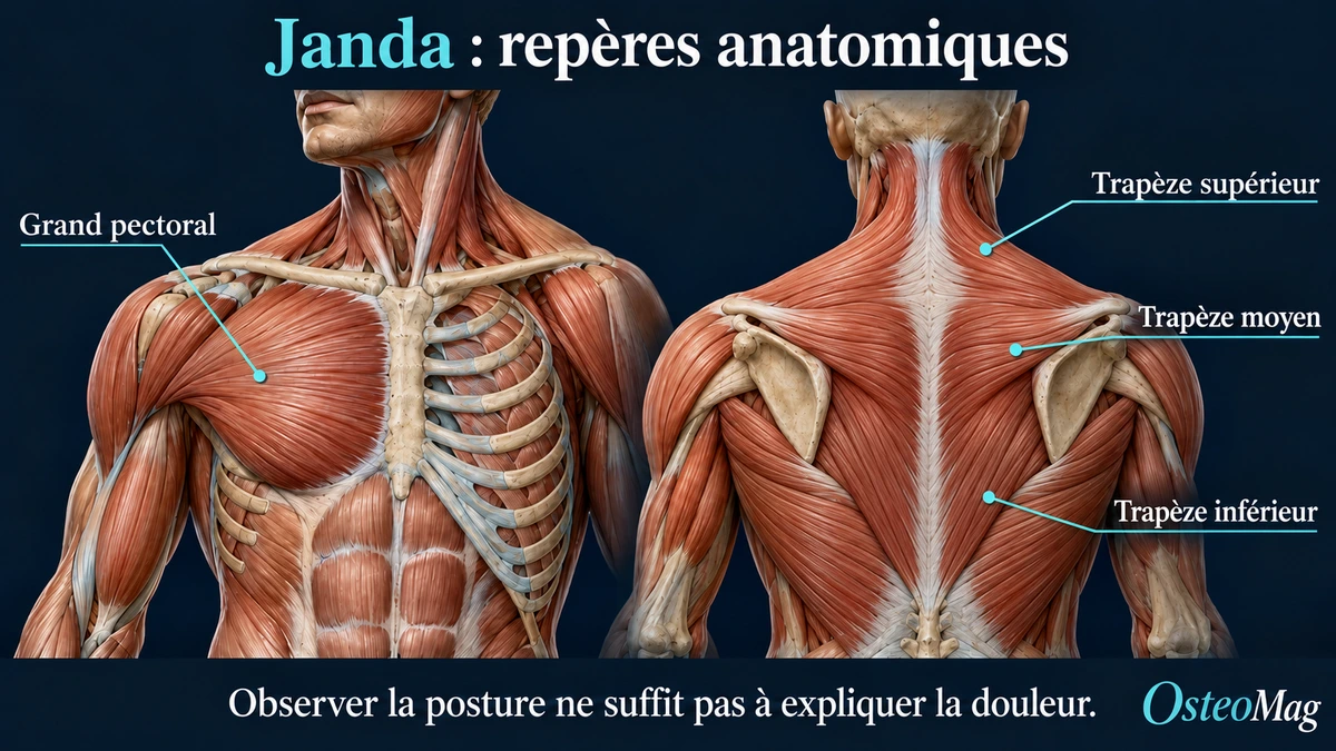 Vues anatomiques simplifiées du grand pectoral et des portions supérieure, moyenne et inférieure du trapèze.