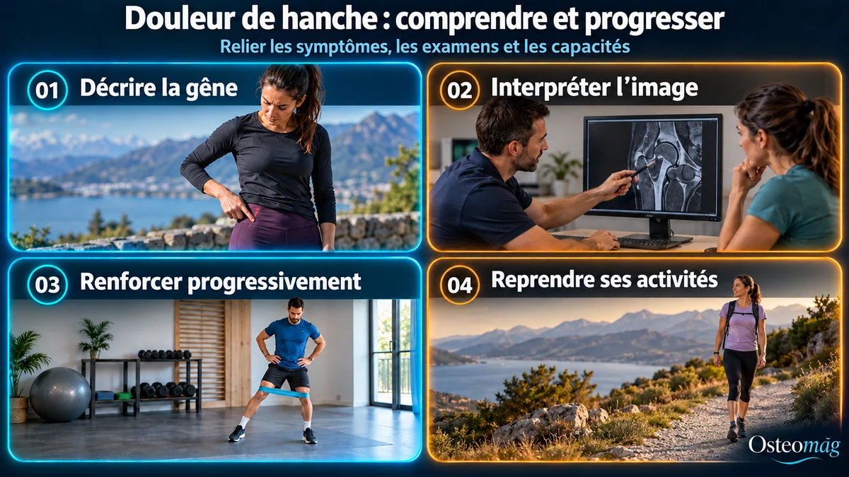 Infographie Osteomag en quatre panneaux : décrire la gêne de hanche, interpréter l’imagerie, renforcer progressivement et reprendre ses activités.