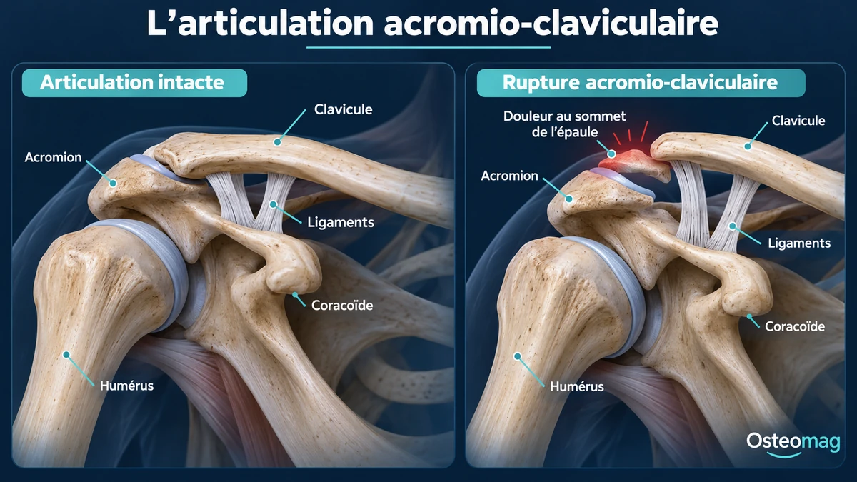 Articulation acromio-claviculaire et déplacement schématique de la clavicule après une lésion.