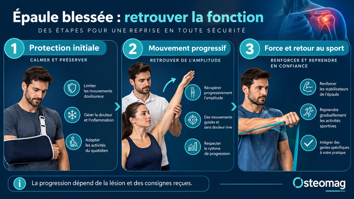 Protection initiale, mouvement progressif et renforcement après une lésion de l’épaule.