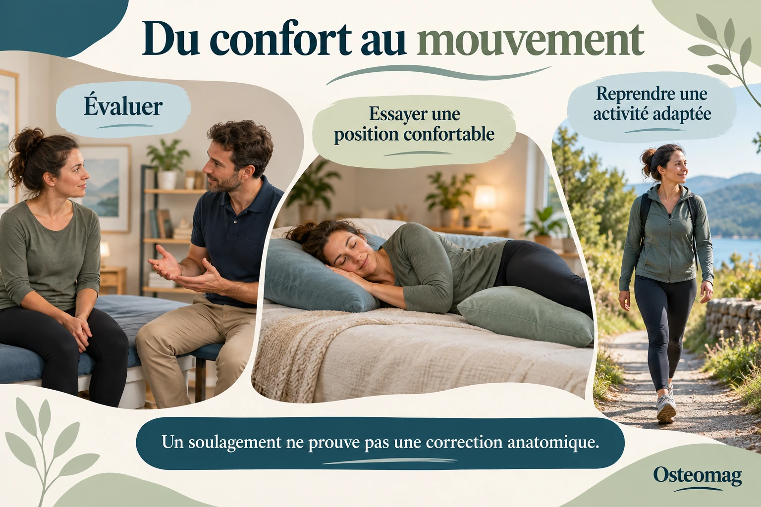 Trois étapes : évaluer les symptômes, essayer une position confortable, puis reprendre une activité adaptée ; illustration Osteomag.