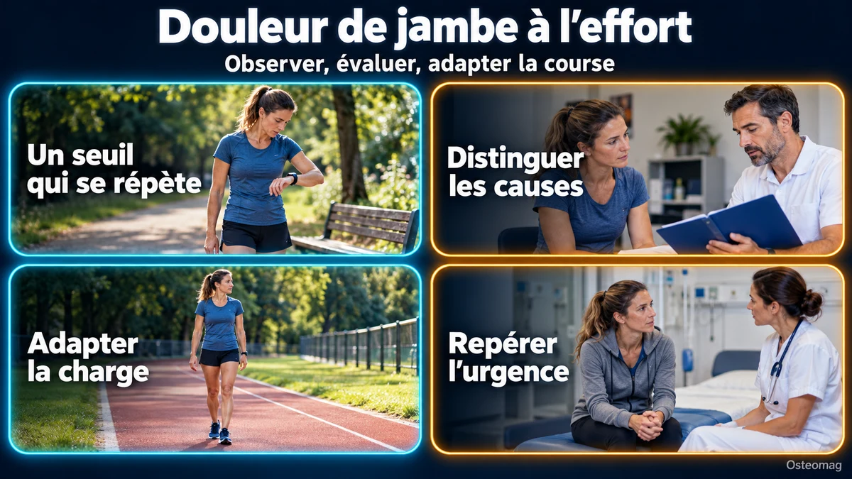 Douleur de jambe à l’effort : observer le seuil des symptômes, distinguer les causes, adapter la charge et repérer une urgence.
