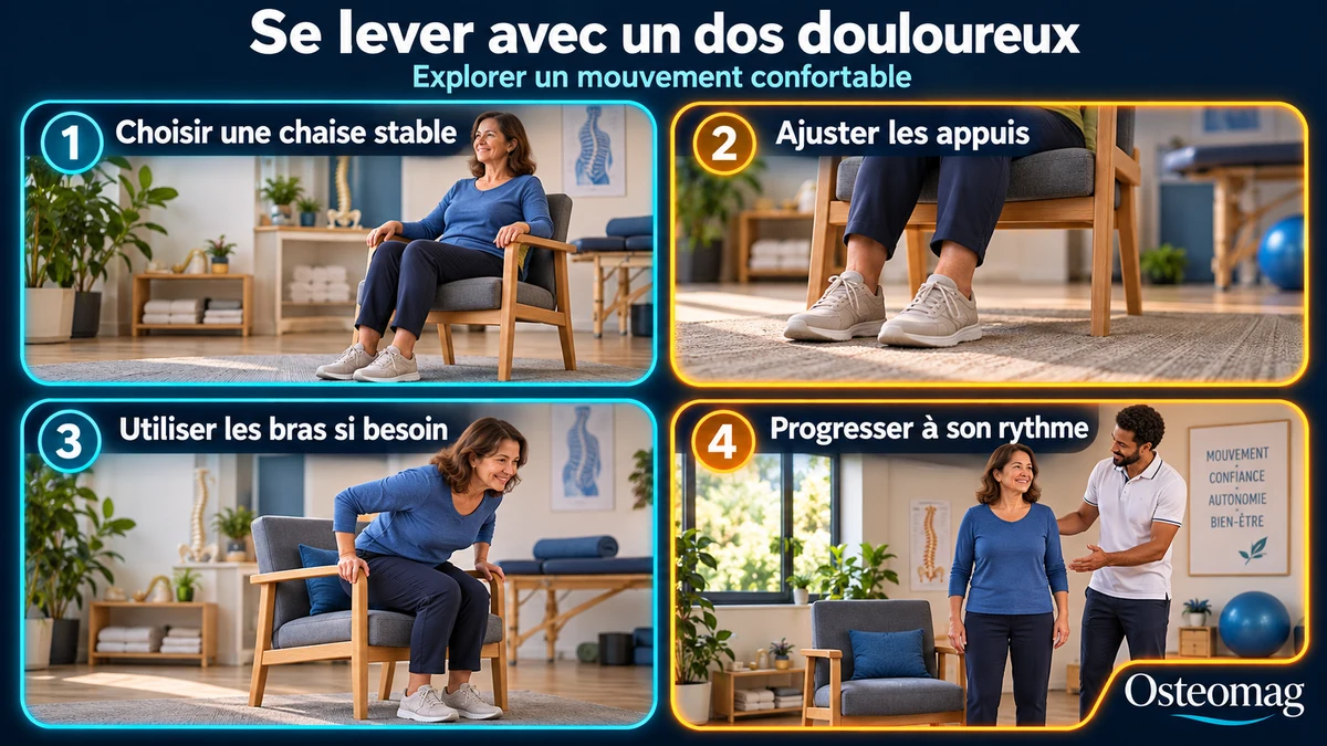 Quatre étapes illustrées : choisir une chaise stable, ajuster les appuis des pieds, utiliser les bras au besoin et progresser à son rythme.