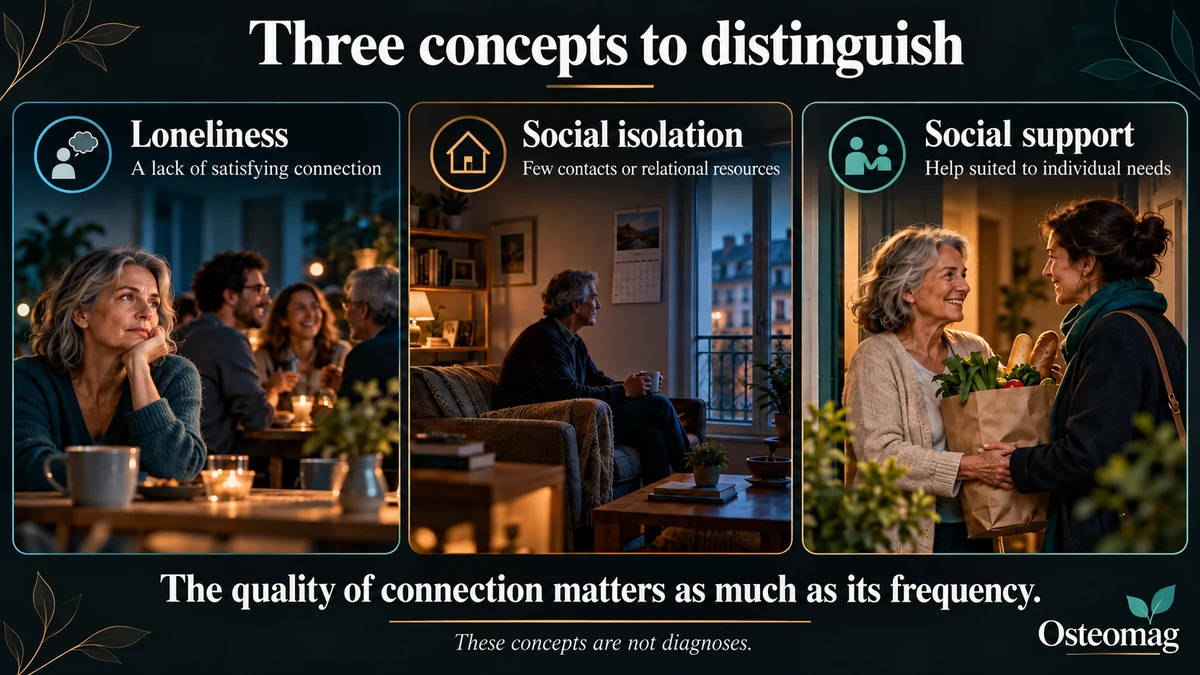 Osteomag infographic distinguishing loneliness, social isolation and social support.