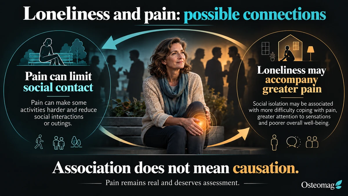 Osteomag infographic showing possible associations between pain and loneliness in both directions, without establishing causation.