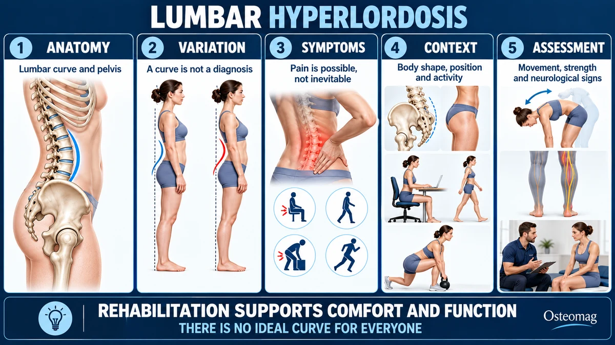 English infographic explaining lumbar anatomy, normal variation, symptoms, clinical context and assessment.