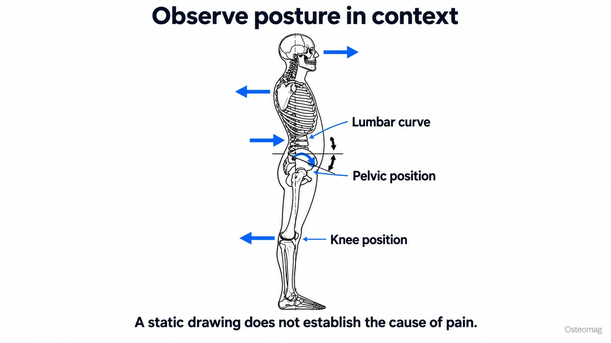 Lateral skeleton diagram identifying the lumbar curve, pelvic position and knee position.