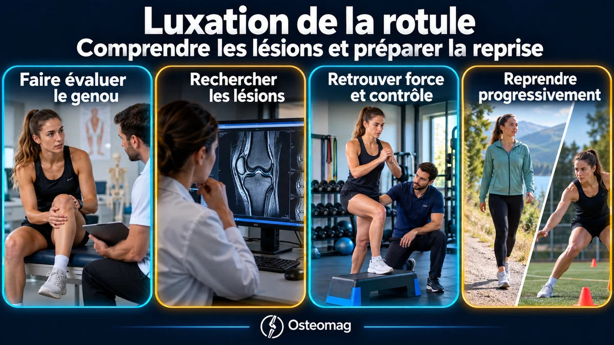 Après une luxation de la rotule : faire évaluer le genou, rechercher les lésions, retrouver force et contrôle puis reprendre progressivement.