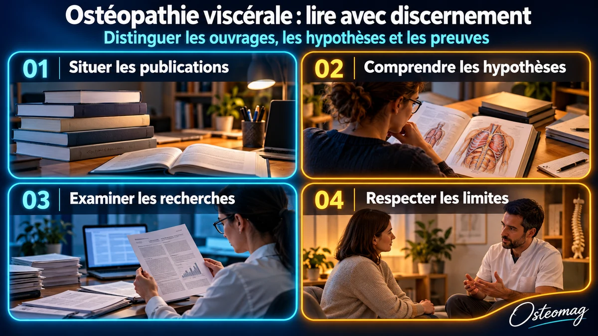 Infographie Osteomag : situer les publications, comprendre les hypothèses, examiner les recherches et respecter les limites des soins viscéraux.