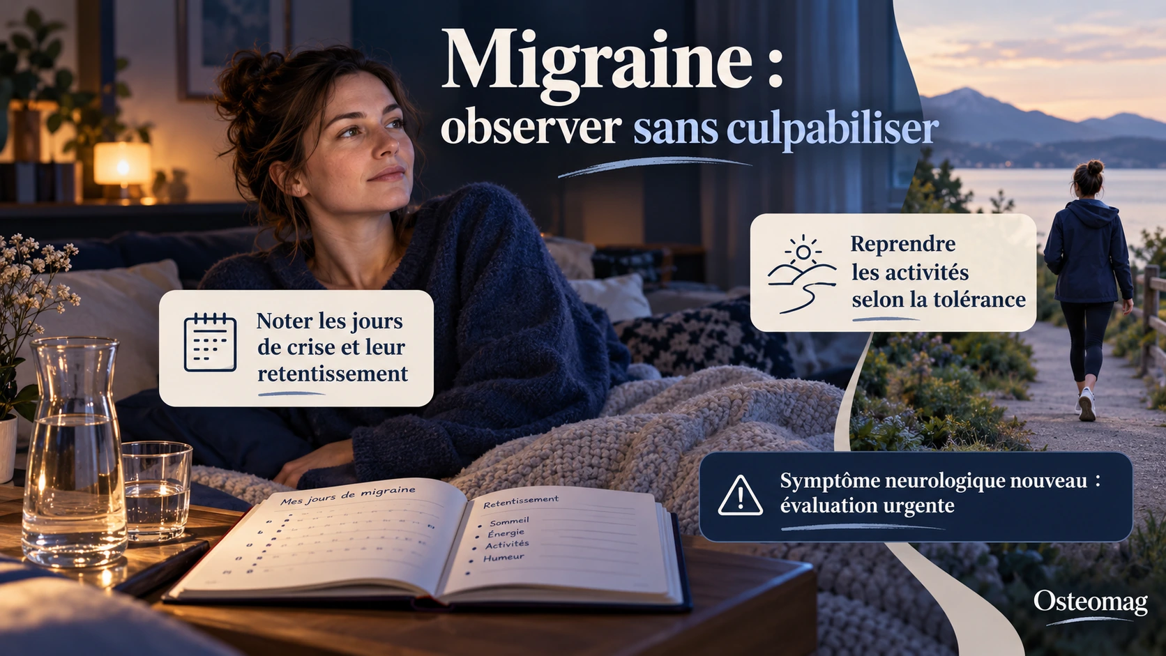 Personne migraineuse dans une pièce calme, carnet de suivi et reprise adaptée de la marche.