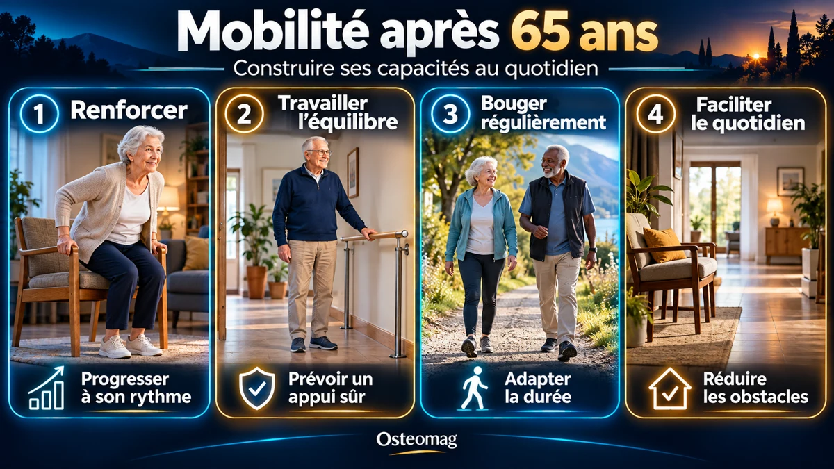 Infographie sur le renforcement, l’équilibre avec appui, la marche et un environnement accessible après 65 ans.
