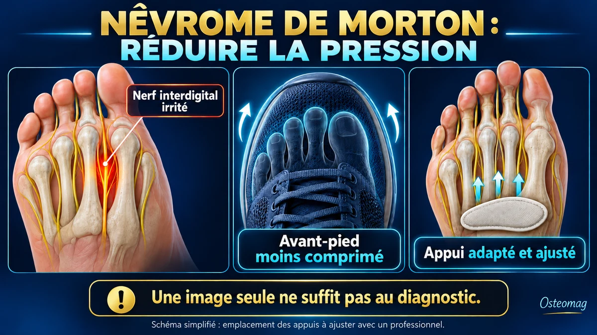 Schéma simplifié du nerf interdigital irrité, d’une chaussure large et d’un appui métatarsien à ajuster avec un professionnel.