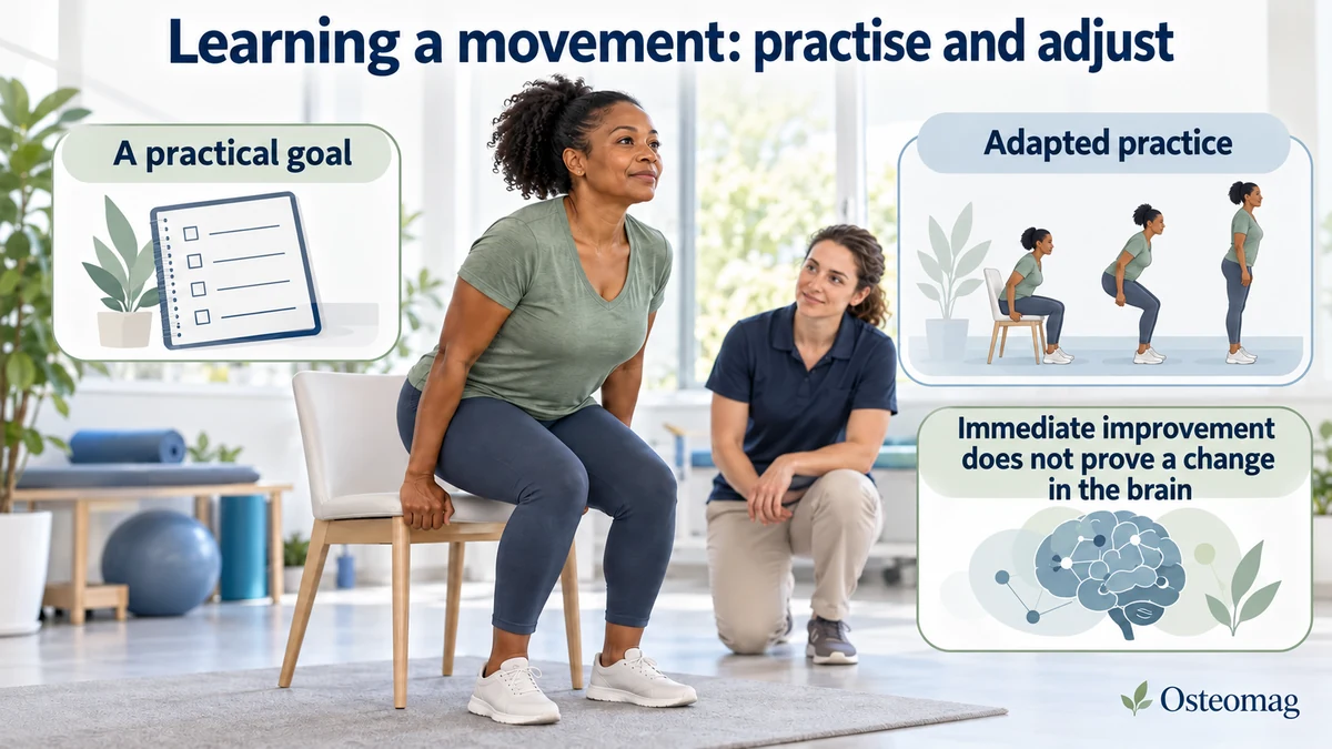 A person practising a supported sit-to-stand movement, with reminders to choose a practical goal and adapt practice.