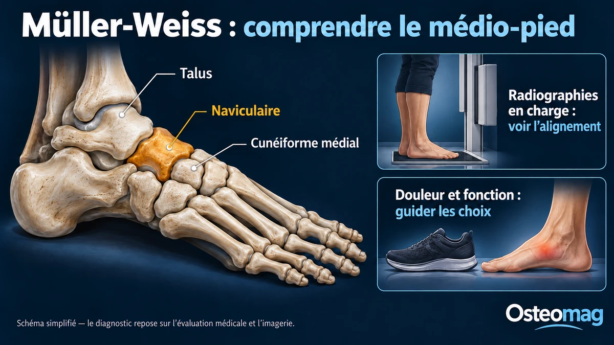 Schéma du naviculaire entre le talus et le cunéiforme médial et place des radiographies en charge