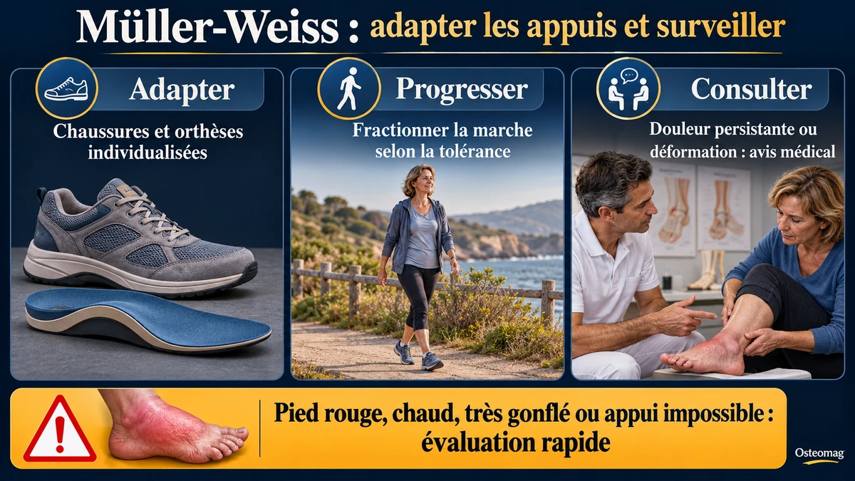 Chaussures et orthèses adaptées, marche fractionnée et signes nécessitant une consultation