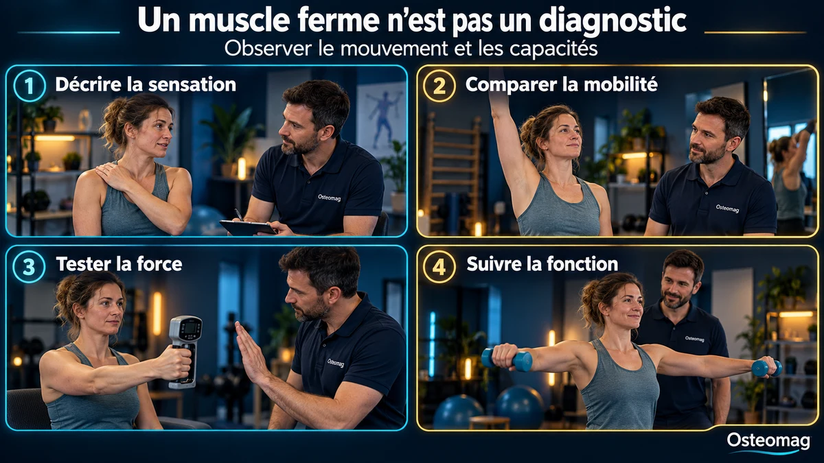 Quatre scènes : décrire une tension d’épaule, comparer la mobilité, tester une capacité de force et suivre un exercice fonctionnel adapté.
