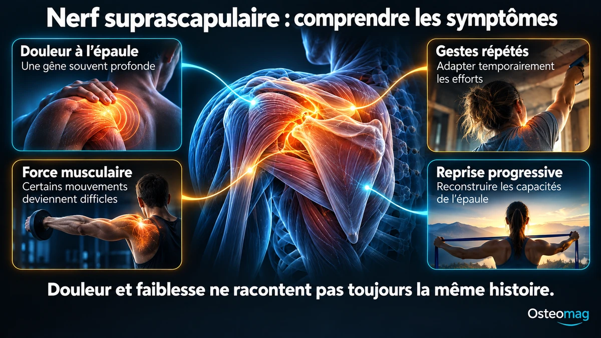 Infographie Osteomag : douleur profonde à l’épaule, faiblesse musculaire, adaptation des gestes et reprise progressive des activités.