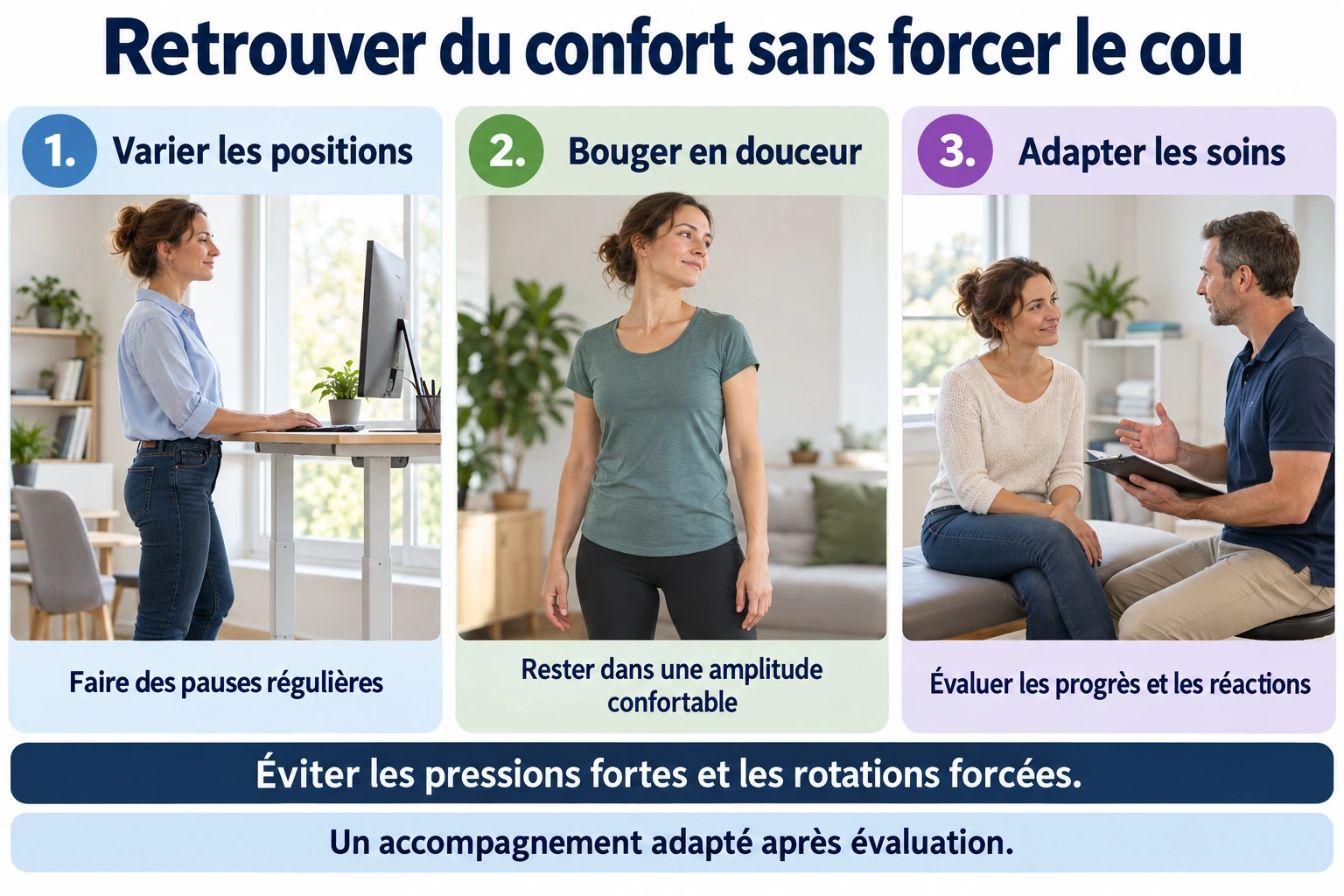 Conseils illustrés : varier les positions, bouger le cou doucement et adapter les soins avec un professionnel