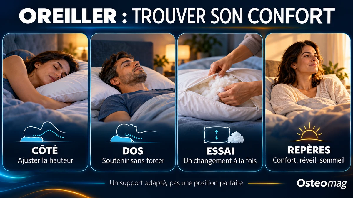 Quatre repères illustrés pour choisir un oreiller : côté, dos, essai progressif et confort au réveil.