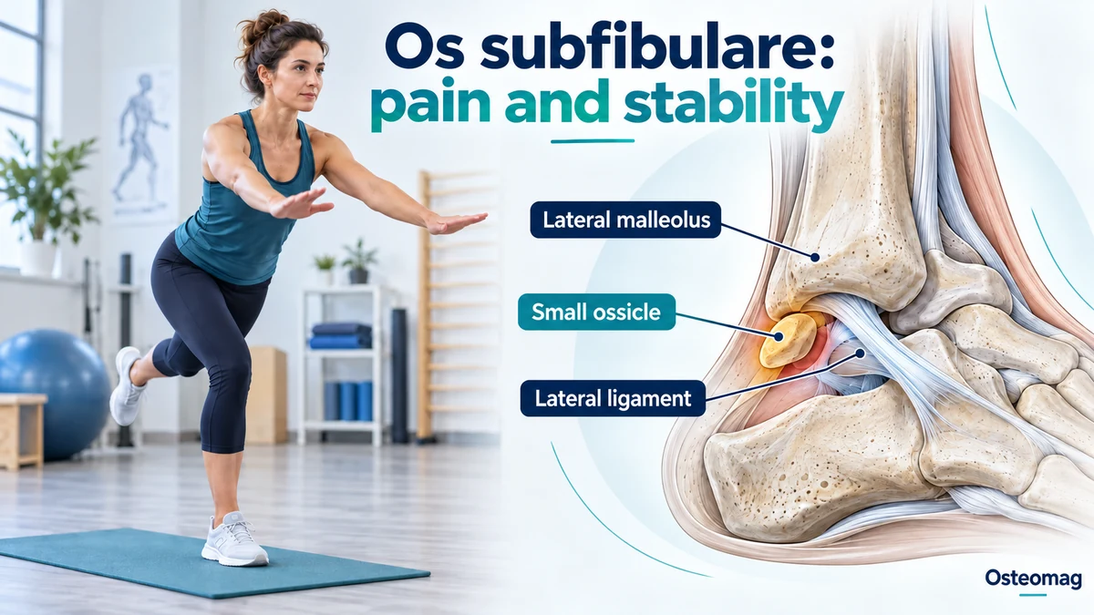 Simplified illustration of an os subfibulare near the lateral malleolus and a person practising a supported balance task.