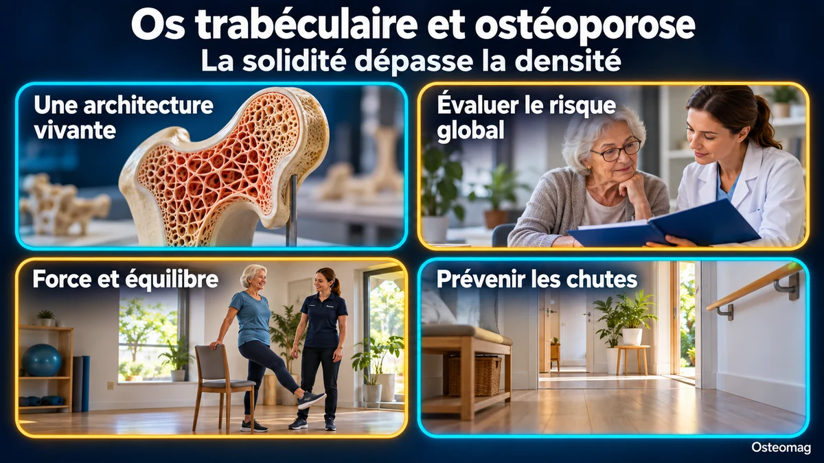 Os trabéculaire et ostéoporose : architecture vivante, évaluation du risque global, force et équilibre et prévention des chutes.