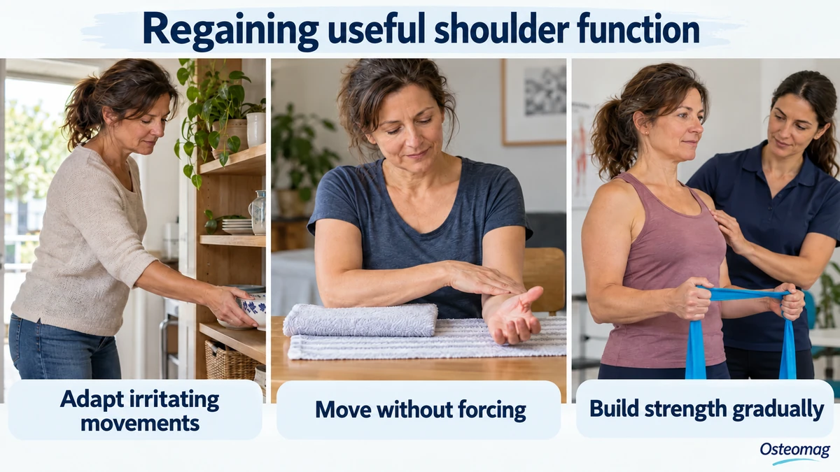 Three educational scenes: regaining useful shoulder function.