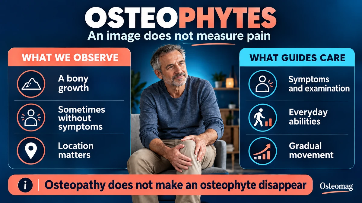 Infographic distinguishing an osteophyte finding from the symptoms and functional abilities that guide care