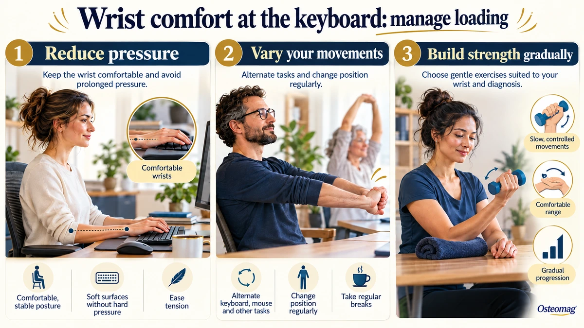 Illustration of wrist-friendly practices: a comfortable workstation position, task variation, and individualized light exercise.