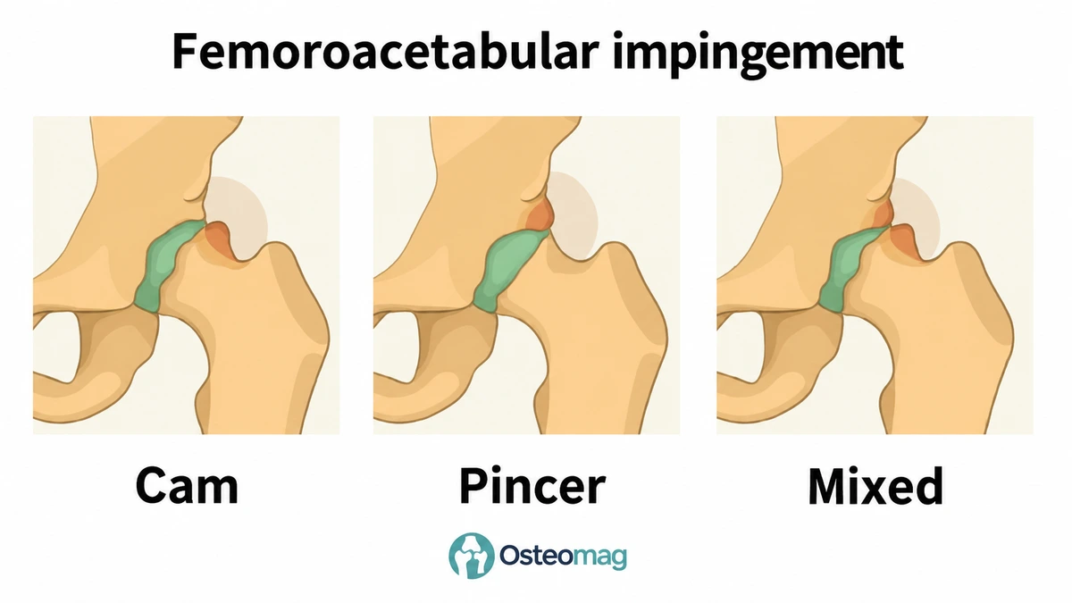 General diagram showing the cam, pincer, and mixed categories of femoroacetabular impingement.