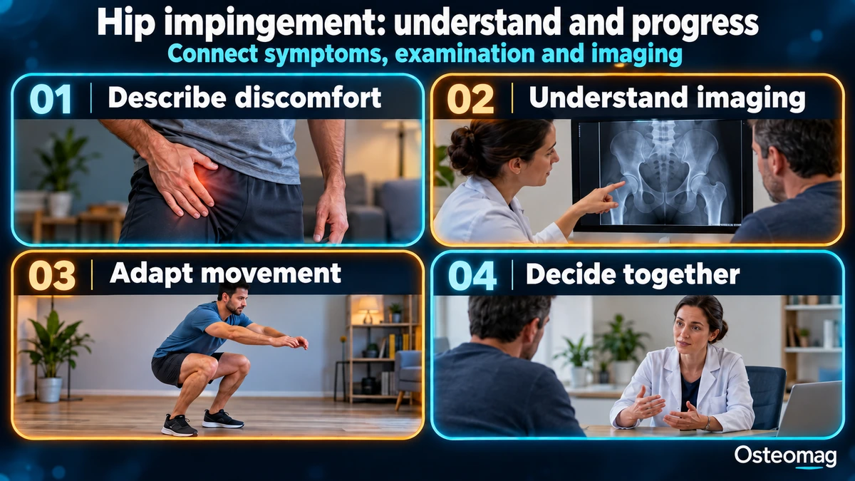 Osteomag infographic: describe hip discomfort, understand the images, adapt movements, and decide together.
