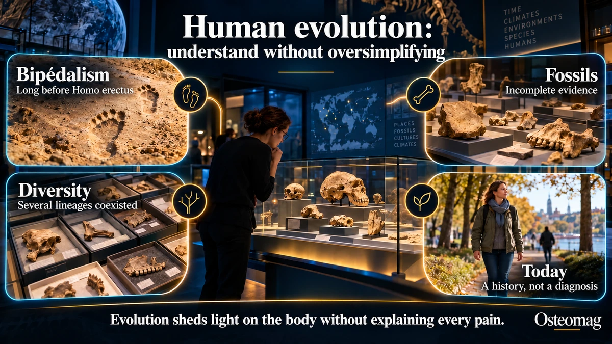 Infographic on human evolution: early bipedalism, incomplete fossils, coexistence of lineages, and limits in understanding pain