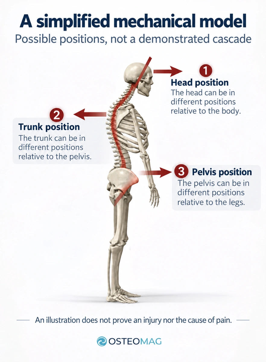 Simplified mechanical illustration of possible head, trunk and pelvic positions