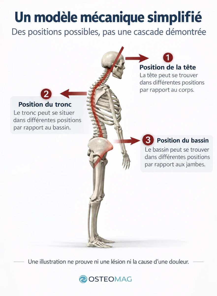 Modèle mécanique simplifié de positions possibles de la tête, du tronc et du bassin