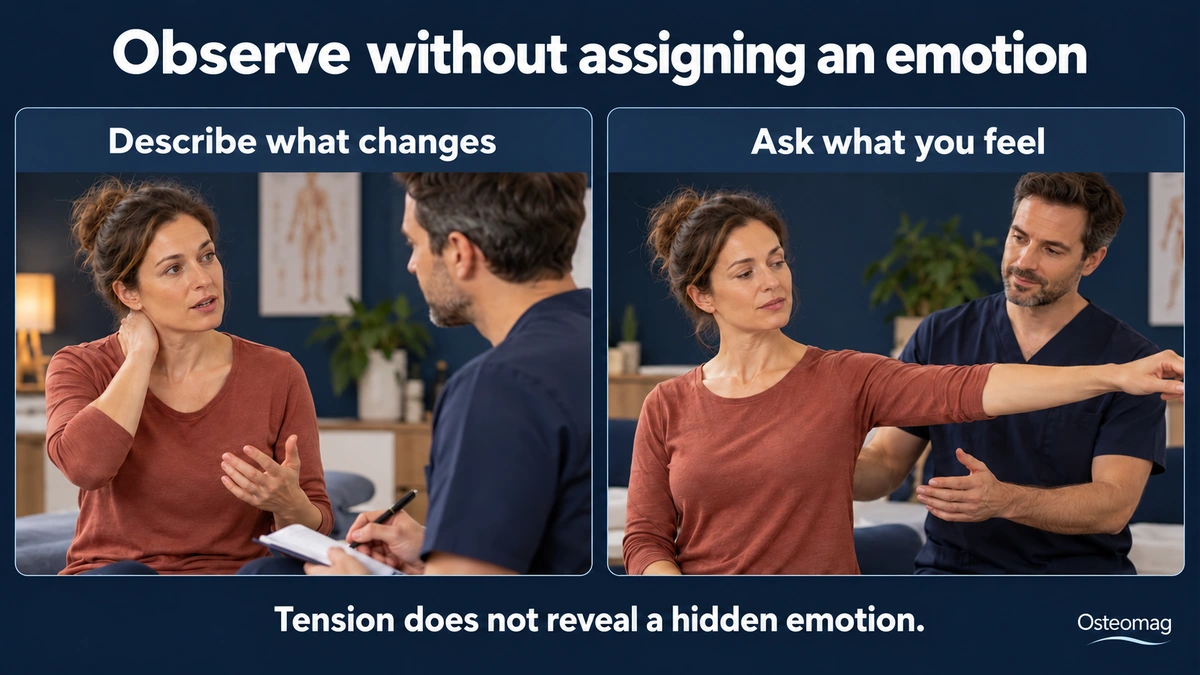 A patient describes discomfort, then explores a movement with a practitioner.