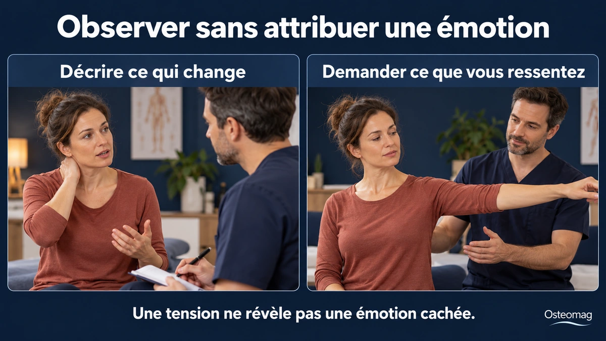 Une patiente décrit une gêne puis explore un mouvement avec un praticien.