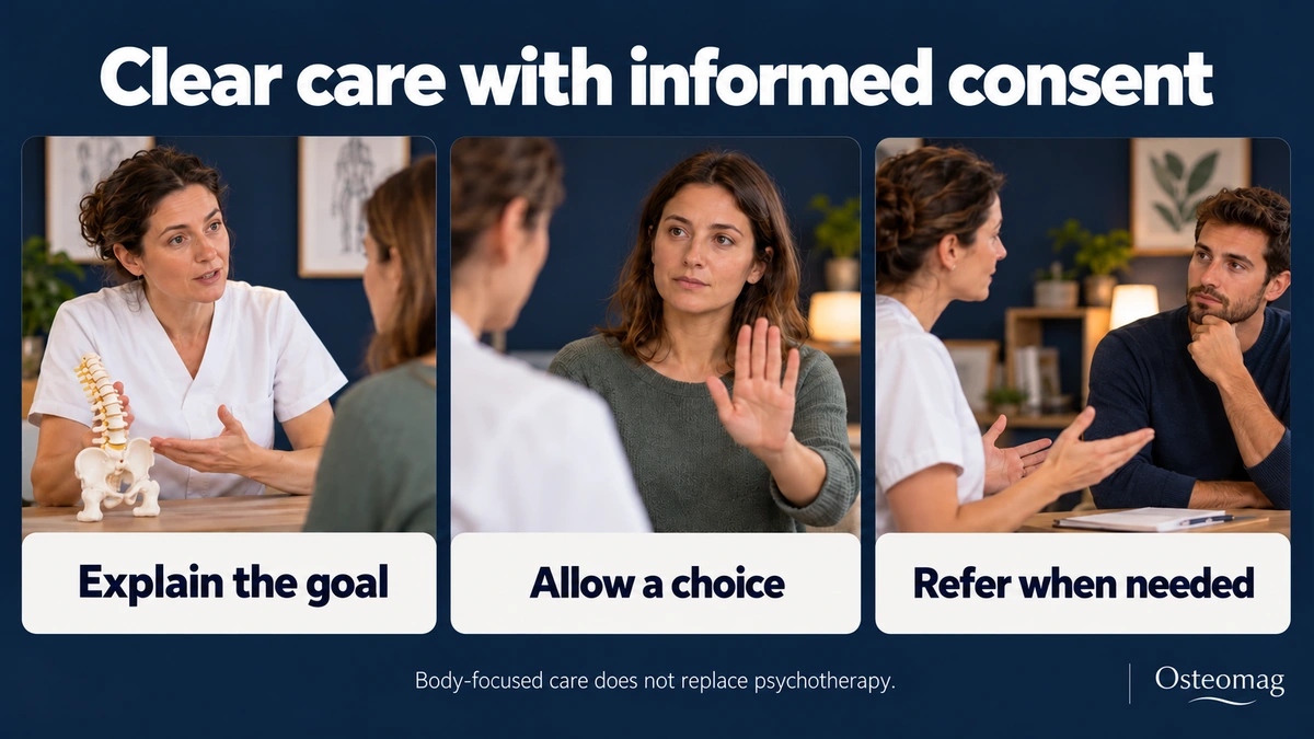 Explanation of care, the option of a pause and discussion of referral.