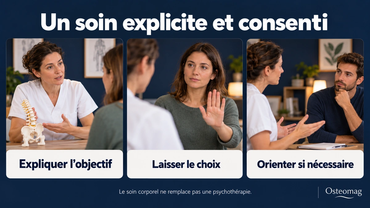 Explication du soin, possibilité de pause et discussion d’une orientation.