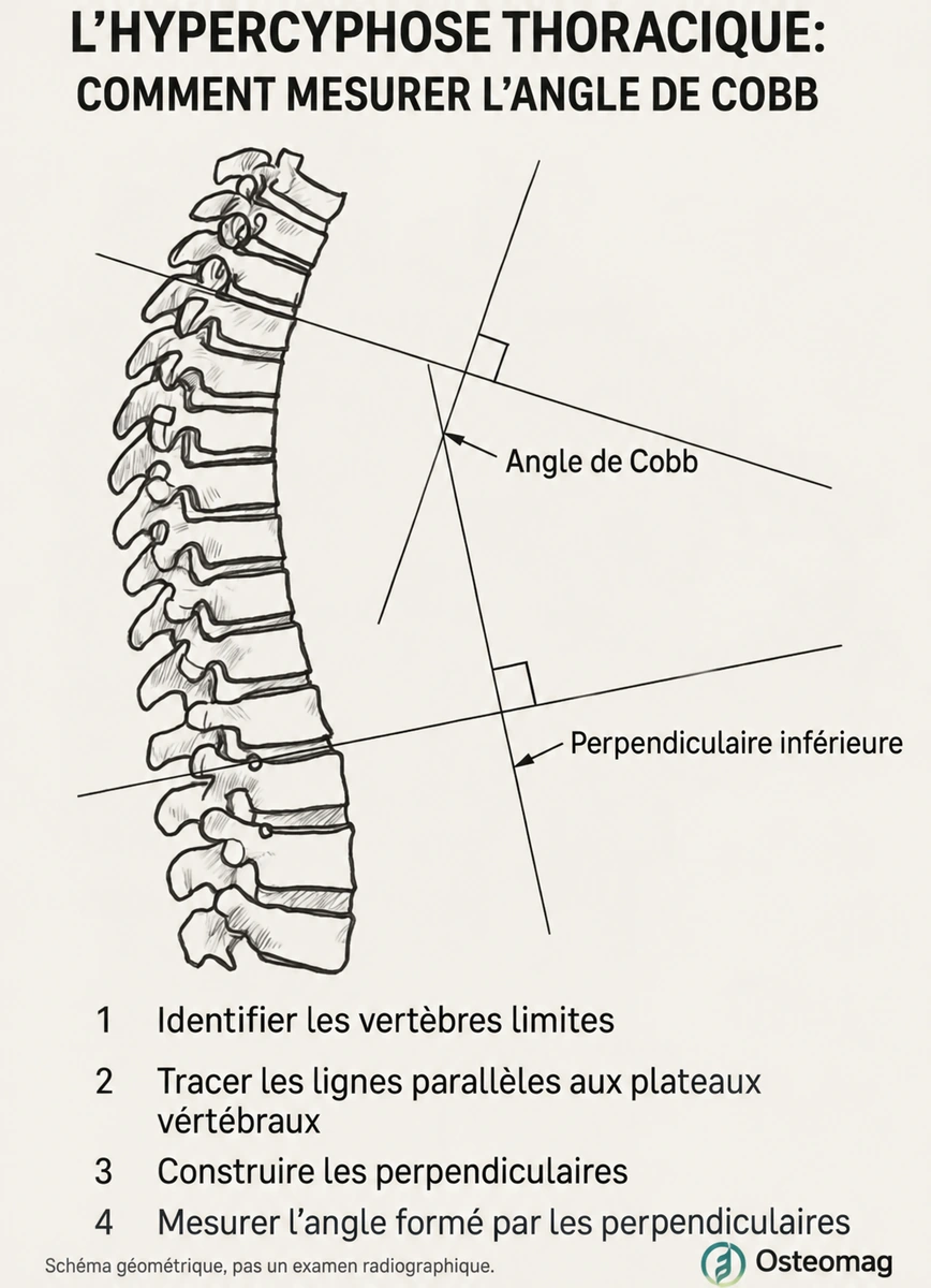 Schéma géométrique du principe de mesure d’un angle de Cobb